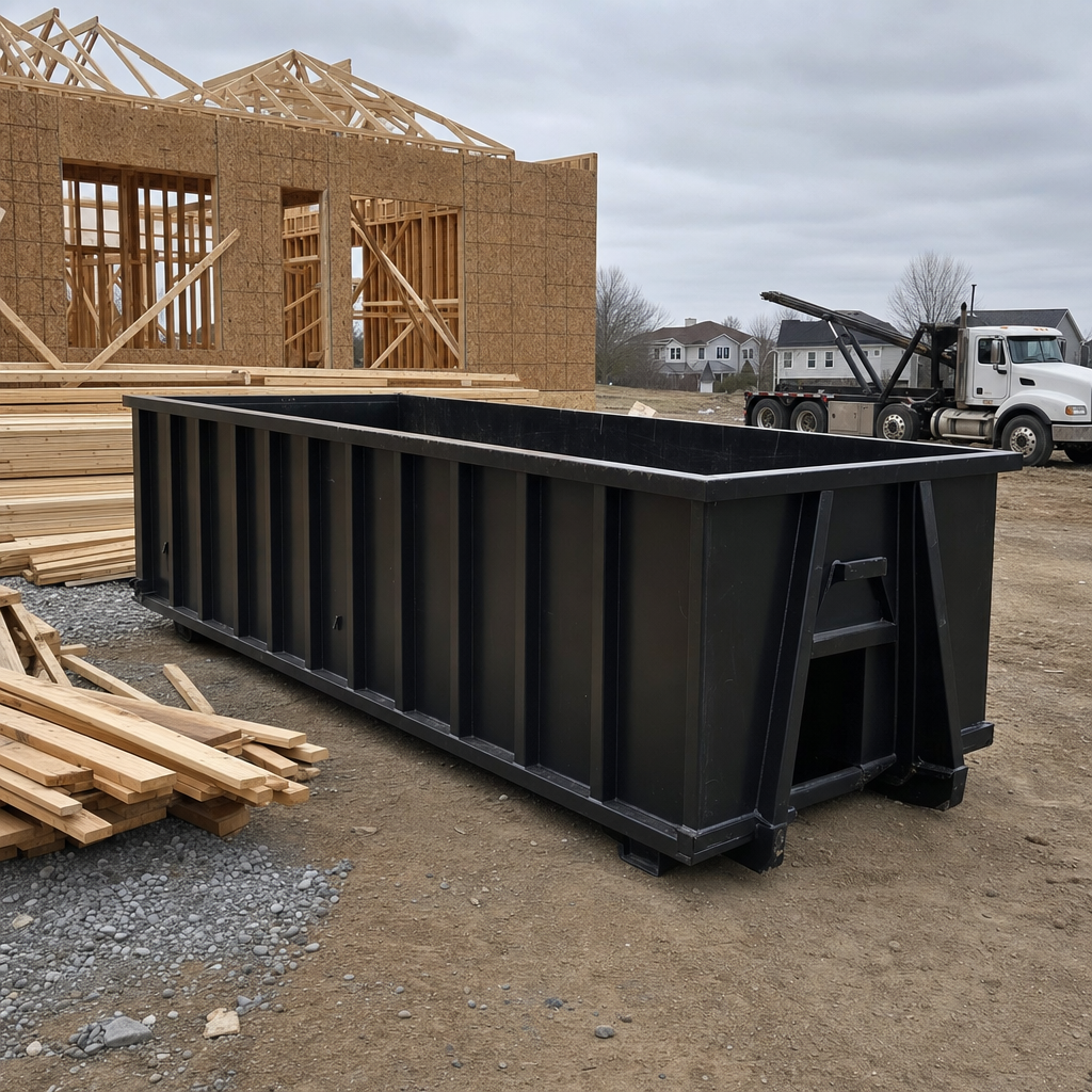 Matte-black 40-yard roll-off dumpster staged on a framed-out residential construction site in Athens, framing lumber stacked nearby, hooklift delivery truck visible in the background under bright Colorado daylight