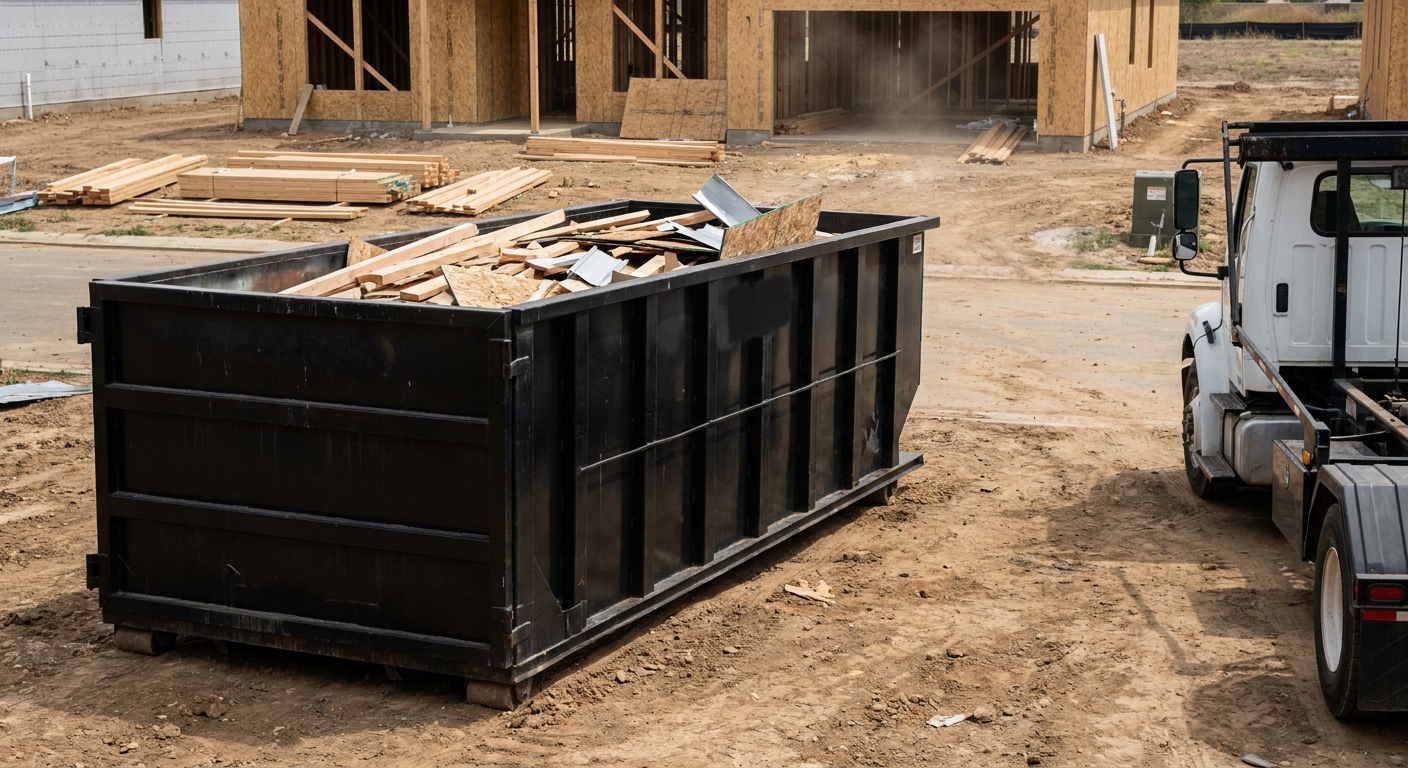 Matte-black 20-yard roll-off construction dumpster with heavy ribbed steel sidewalls and swing rear doors at a working jobsite in Athens, sitting directly on compacted dirt with an unmarked white hauler partially visible at the far edge of the frame.
