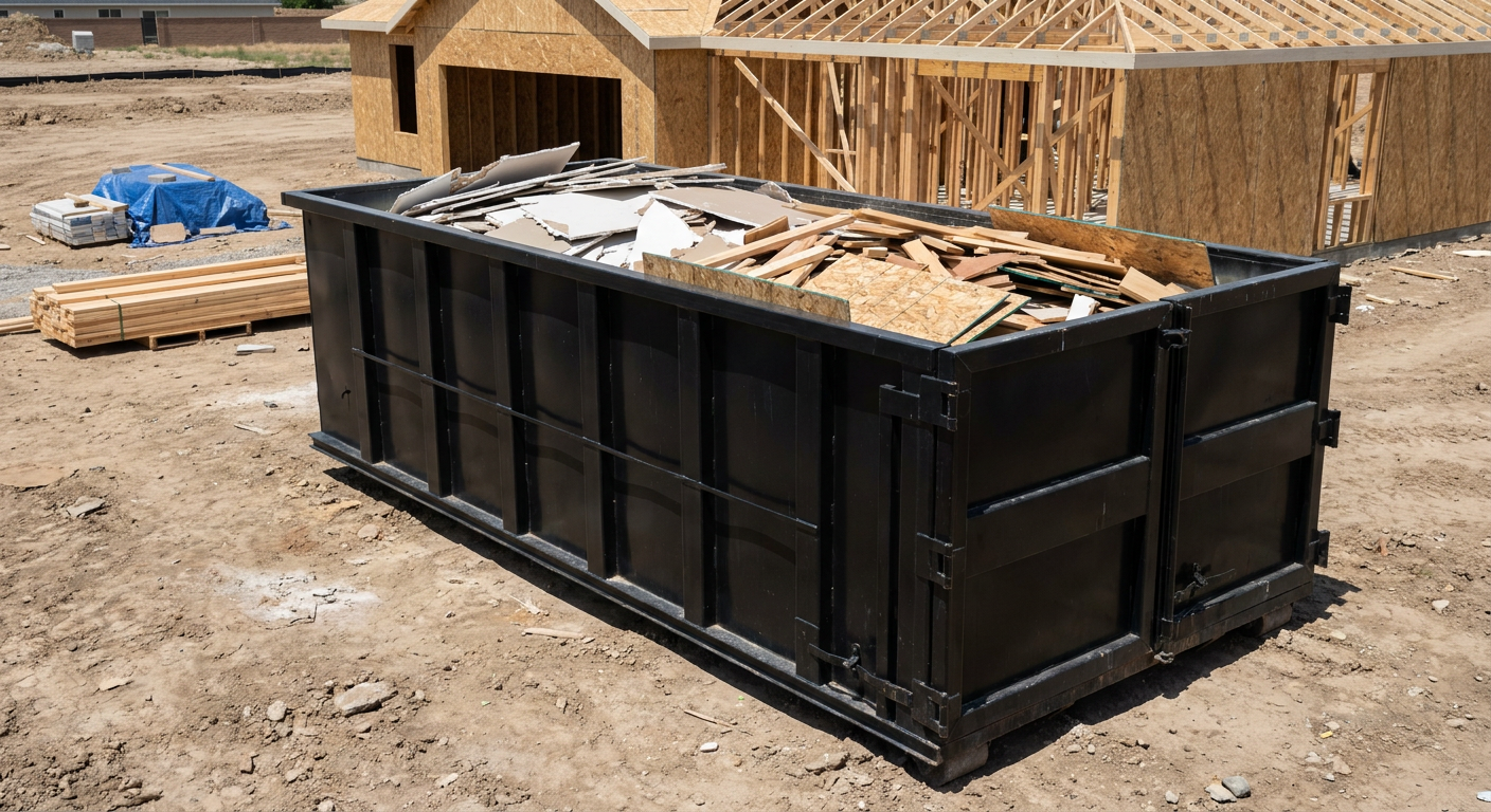 Matte-black 30-yard roll-off construction dumpster sitting directly on the compacted-dirt site of a framed single-family home build in Athens, drywall and lumber scrap loaded inside.
