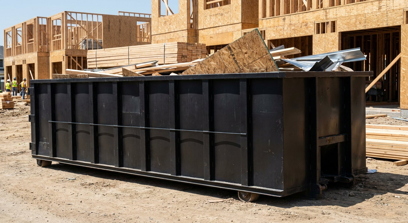 Matte-black 40-yard roll-off construction dumpster being lowered from a white-cab hooklift delivery truck onto the compacted-dirt jobsite at a commercial build site in Athens