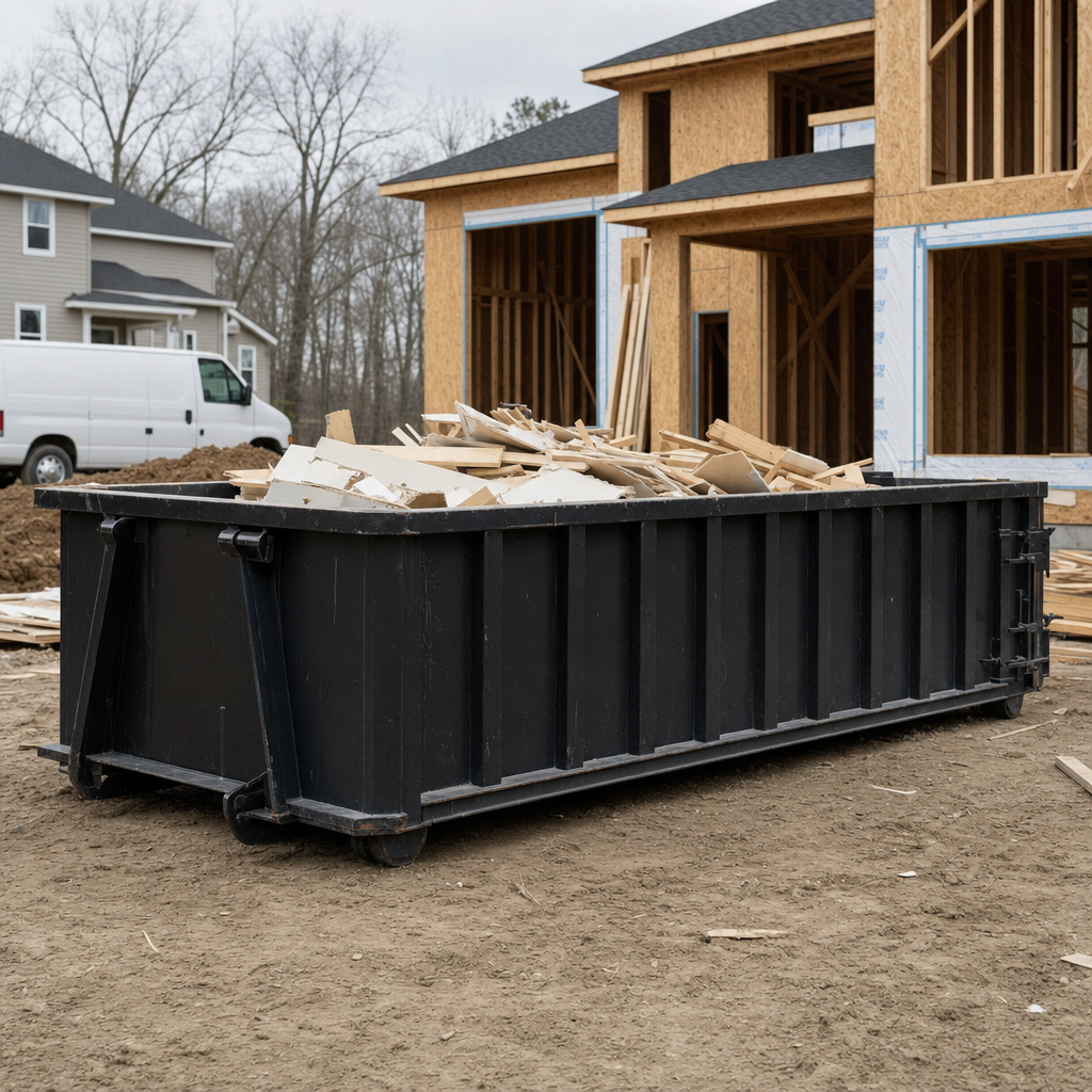 Worker in a yellow high-visibility vest tossing framing lumber and broken drywall into a matte-black 30-yard construction roll-off dumpster on an active build site in Athens, bright daylight