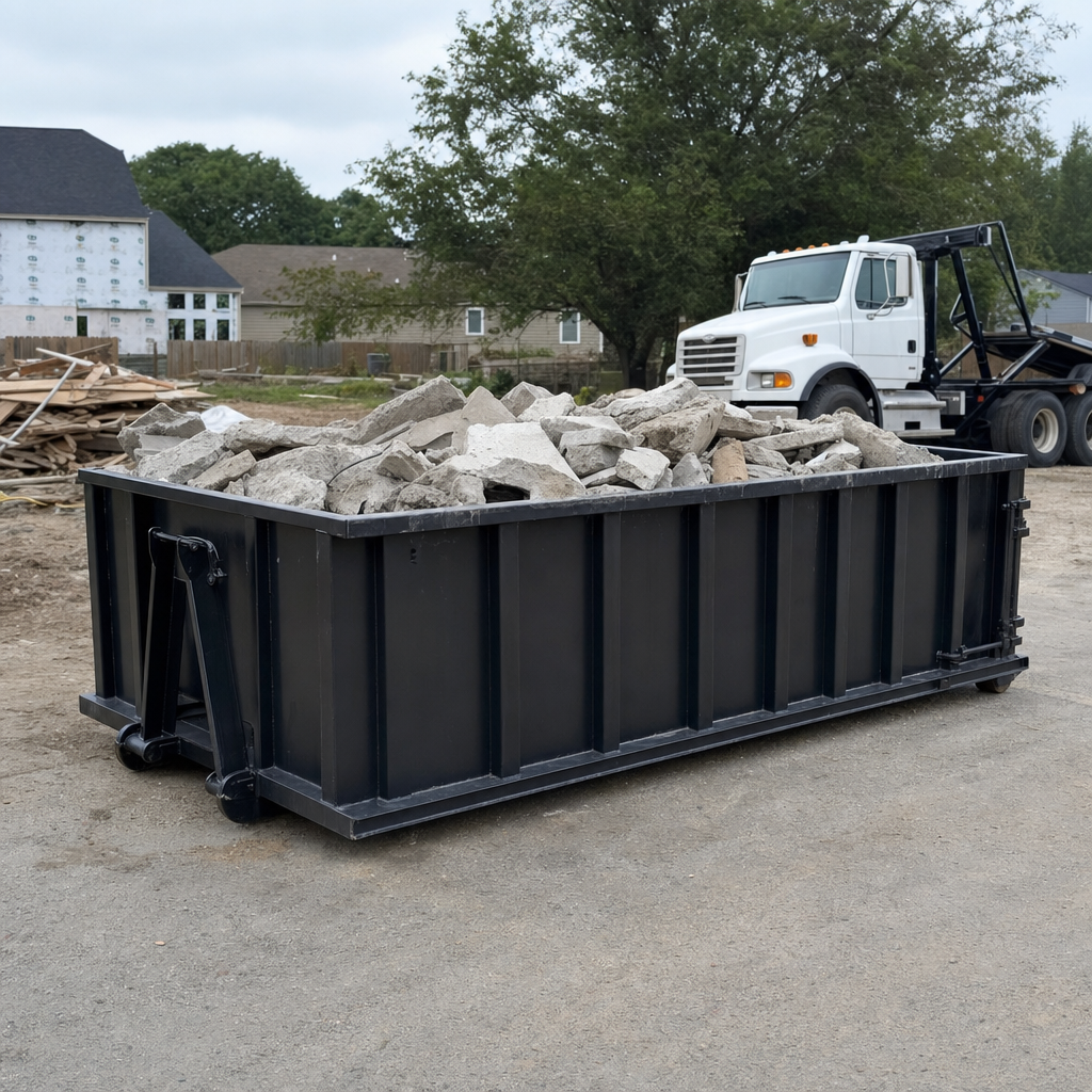 Low-profile matte-black lowboy roll-off dumpster loaded with broken concrete slab and rebar at a foundation tear-out in Athens, skid steer parked beside it, sunny Colorado morning