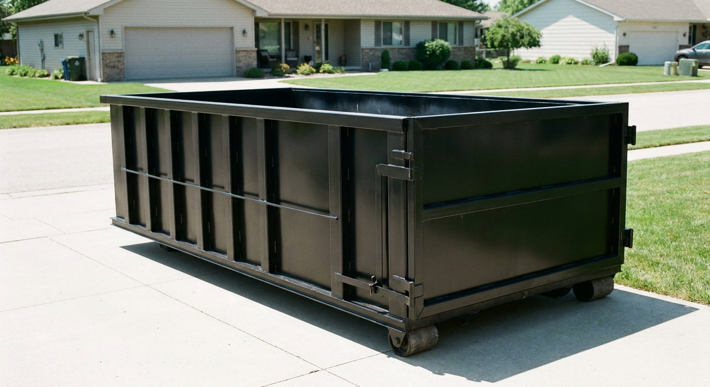 Matte-black 10-yard roll-off dumpster on a residential concrete driveway in Athens, uniformly painted matte black across every panel and rail, ribbed steel sidewalls and rear swing door visible, mid-day daylight.