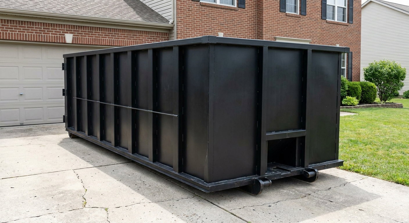 Matte-black 20-yard roll-off container on a Athens residential concrete driveway with reinforced ribbed steel sidewalls and a hinged rear walk-in door, clean bright daylight.