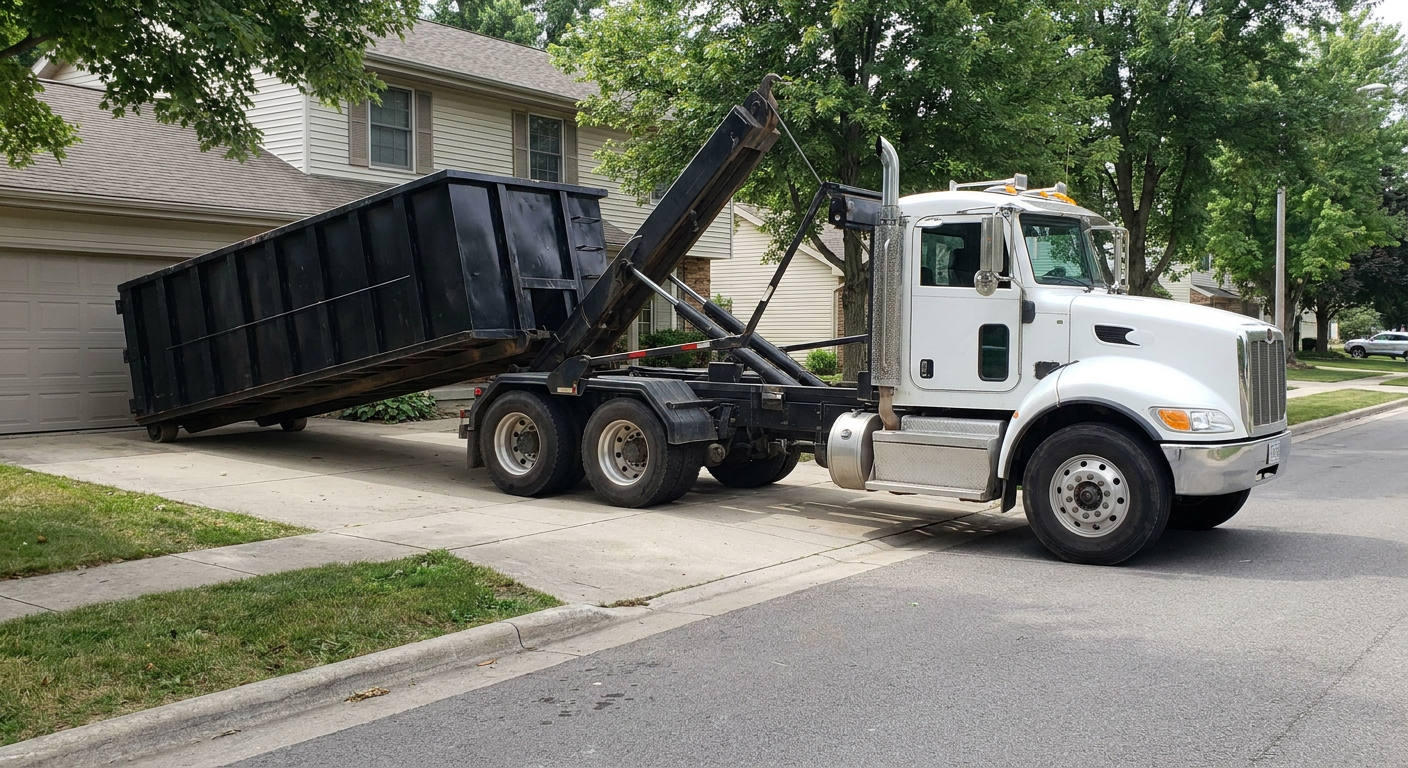 White-cab hooklift roll-off truck actively lowering a matte-black dumpster onto a Athens residential concrete driveway, the dumpster's rear wheels touching the driveway as the hoist arm tilts the bed forward, mid-morning daylight.