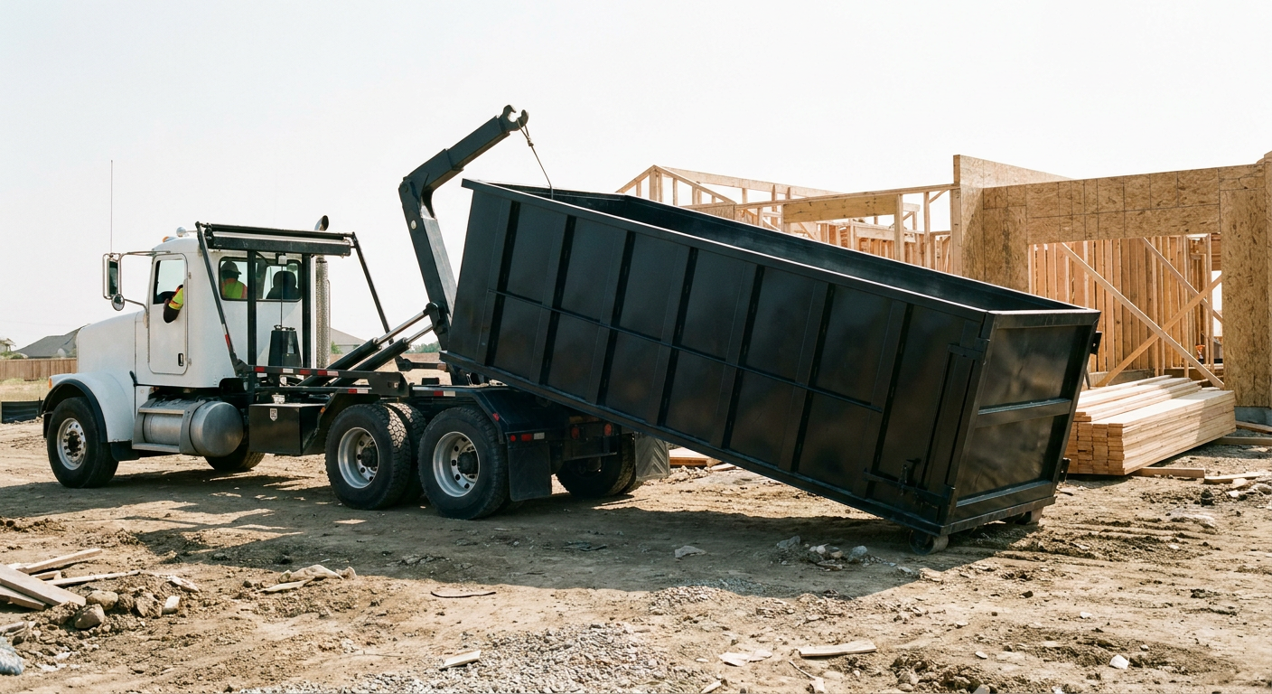Matte-black roll-off dumpster being delivered onto a clean residential concrete driveway in Athens by an unmarked white hooklift hauler truck, bright morning daylight, documentary 35mm perspective.