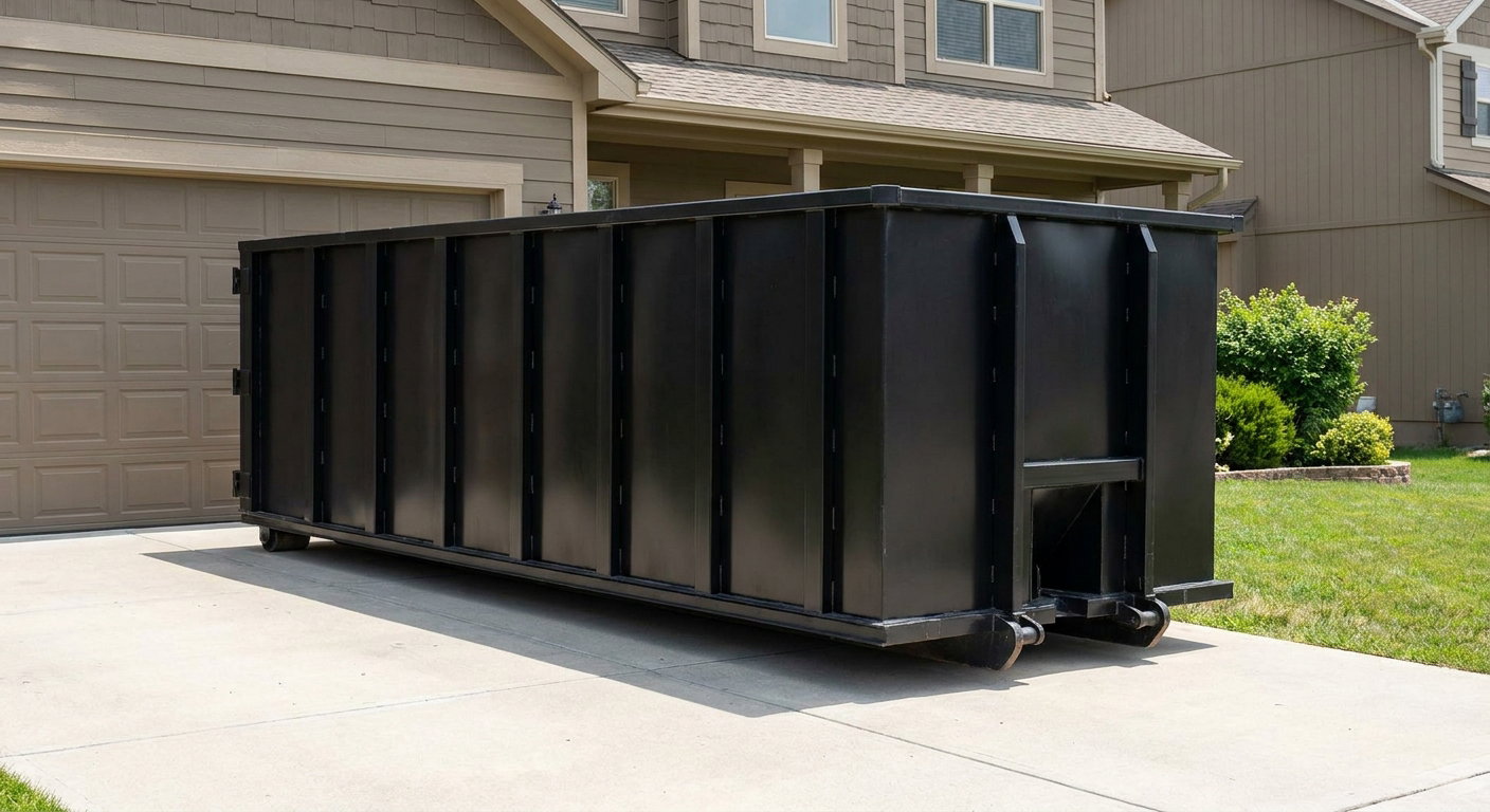Matte-black residential roll-off dumpster sitting directly on a suburban Athens concrete driveway, garage door closed, single-family home in background, bright morning daylight.