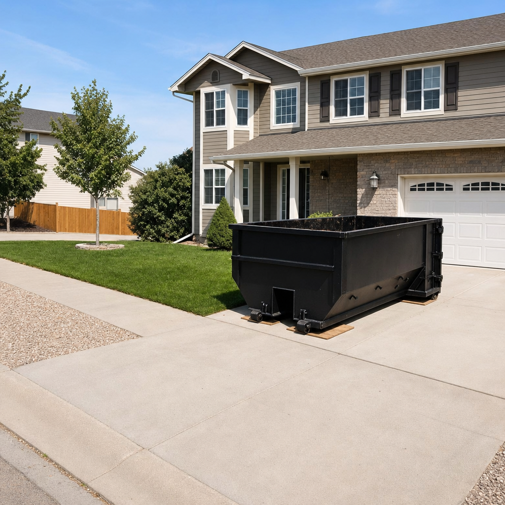 10-yard matte-black residential dumpster placed directly on a narrow Athens concrete driveway, room remains for a parked sedan beside it, mid-morning natural light