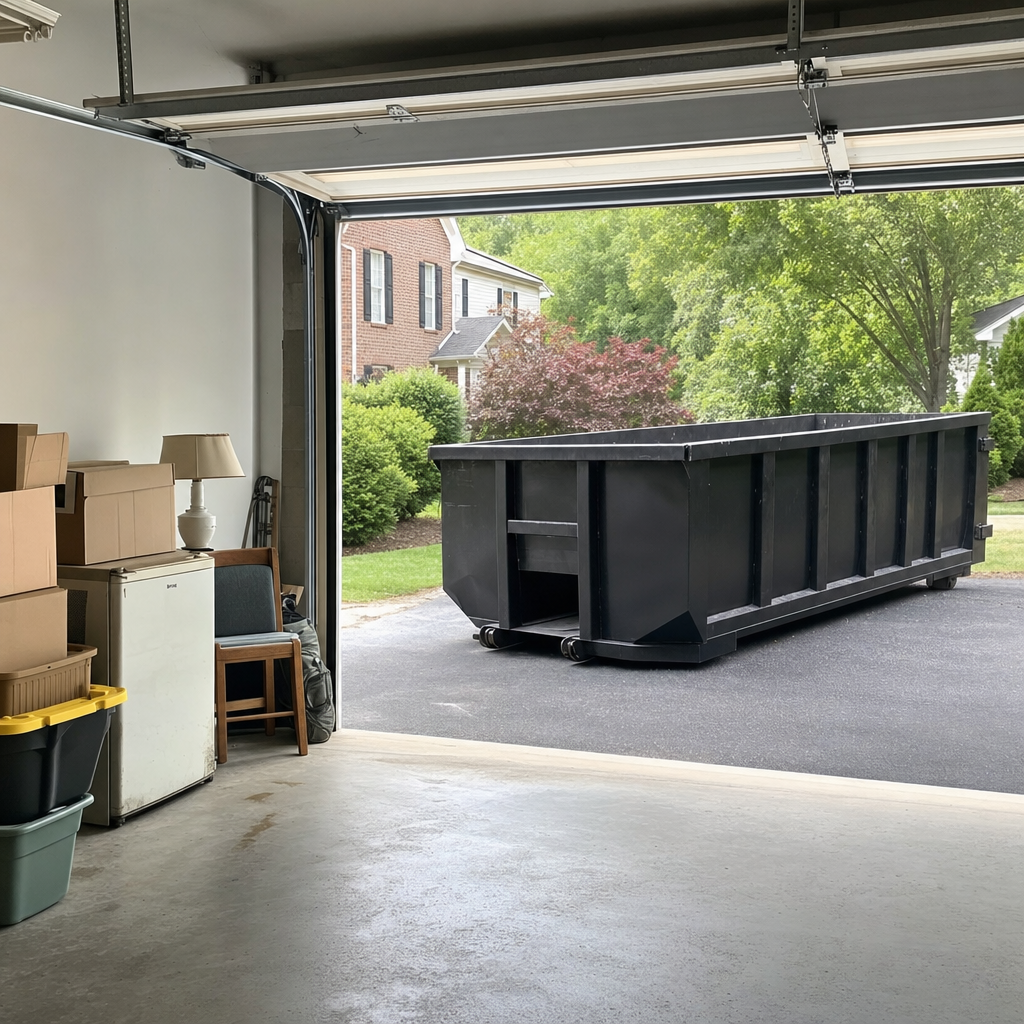 Open garage interior in a Athens home mid-cleanout — boxed items, an old appliance, and stacked yard tools queued near the driveway for a matte-black roll-off dumpster, organized and calm