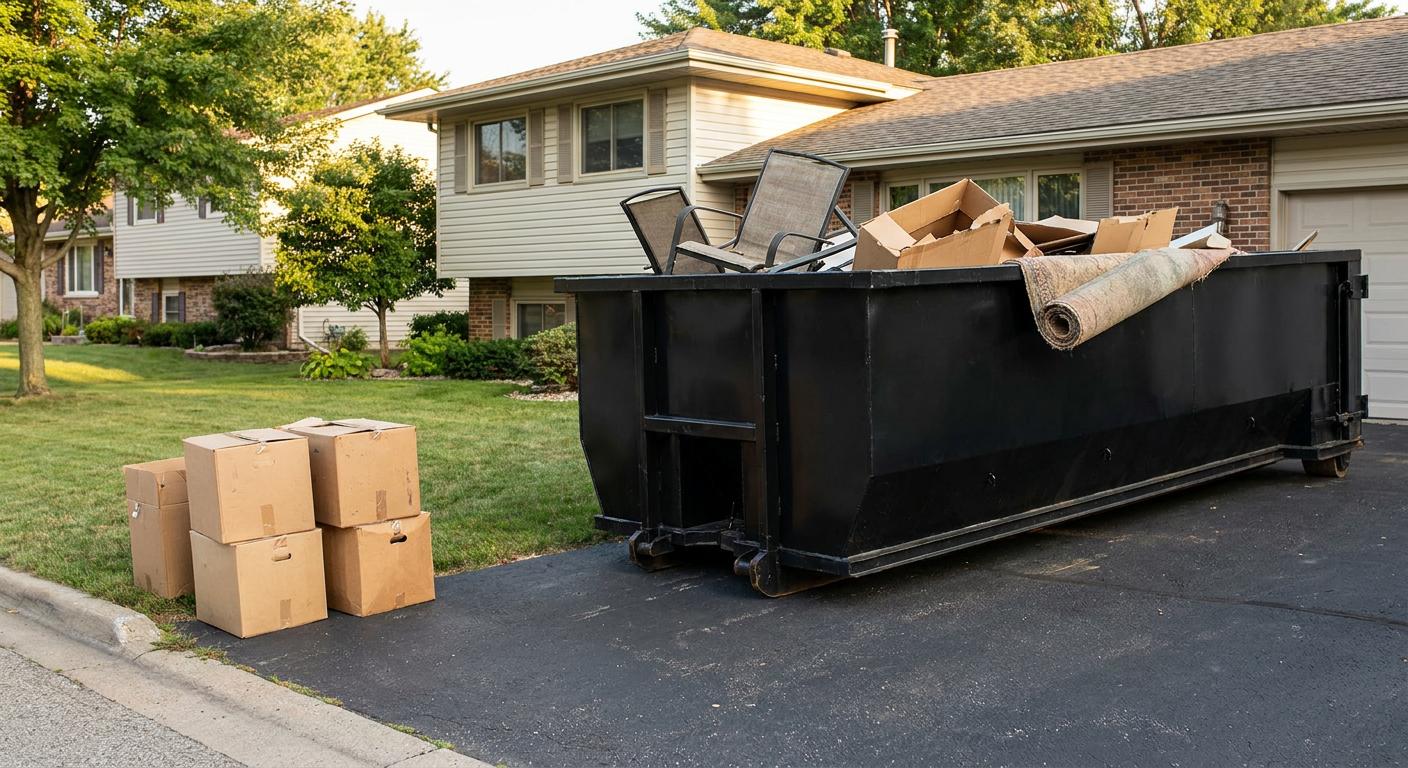 Front-yard view of a Athens split-level home with a 20-yard matte-black roll-off dumpster sitting directly on the asphalt driveway, a few clearly labeled donation boxes staged at the curb, calm sunny afternoon.