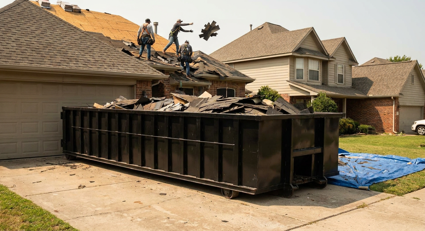 Matte-black roofing roll-off dumpster placed directly on a Athens residential concrete driveway, a tear-off crew on a two-story asphalt-shingle roof tossing shingle bundles into the low-walled container, bright daylight, documentary 35mm perspective.
