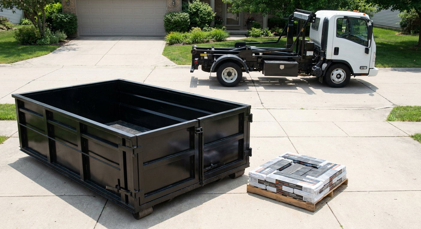 Matte-black 15-yard roofing roll-off dumpster with reinforced low side walls sitting directly on a Athens residential concrete driveway, three-tab asphalt shingle bundles stacked nearby, an unmarked white hauler truck partially visible at the edge of the frame.
