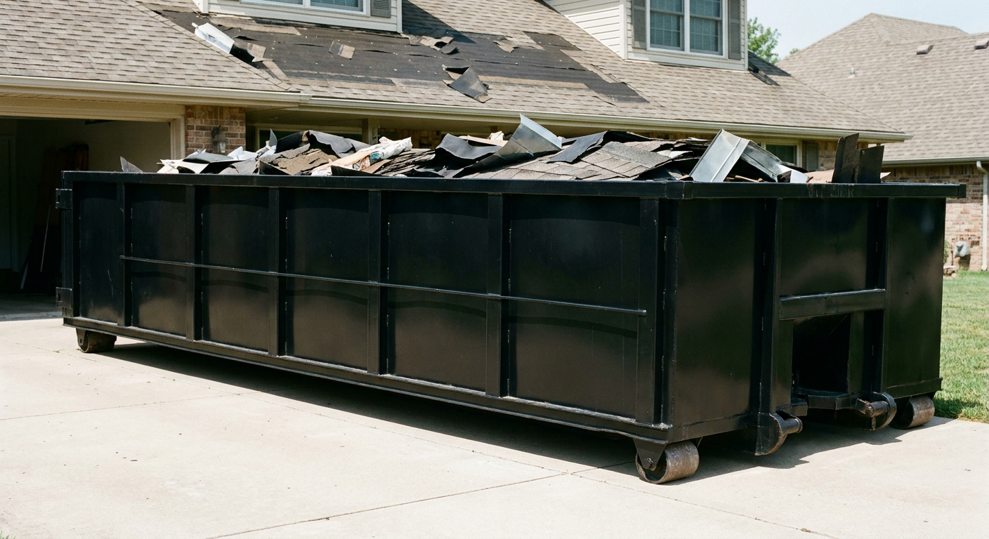 Matte-black 20-yard roofing roll-off dumpster with steel ribbed sides and swinging rear door, sitting directly on the concrete driveway of a two-story Athens home, asphalt shingle debris being loaded over the low wall, clean documentary lighting.