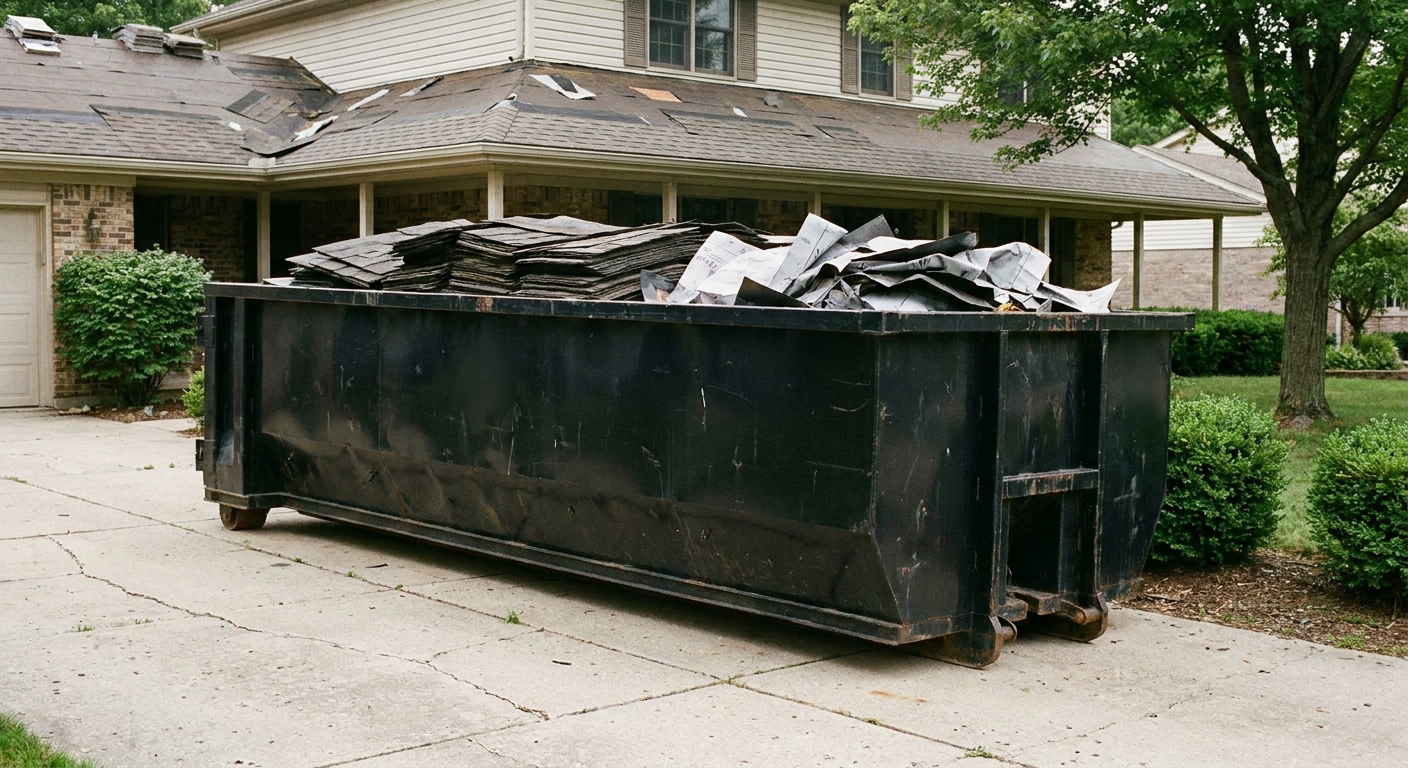 Matte-black 30-yard roofing roll-off dumpster sitting directly on a Athens concrete driveway, taller ribbed steel side panels, mixed tear-off debris of asphalt shingles and underlayment inside, professional documentary daylight.