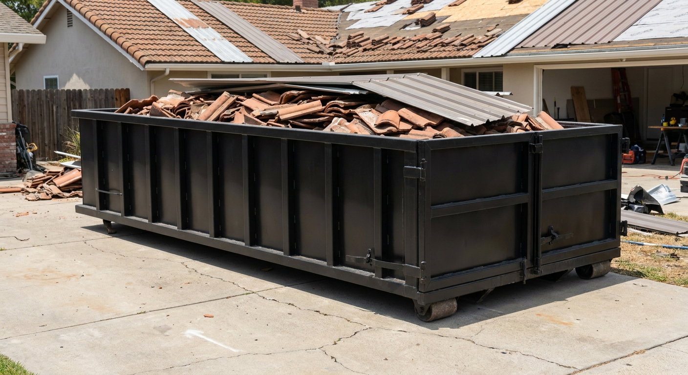 Matte-black low-wall heavy-debris roofing roll-off dumpster sitting directly on a Athens concrete driveway, broken concrete clay roof tiles and metal panel sections loaded inside, reinforced ribbed steel side walls visible, bright outdoor daylight.