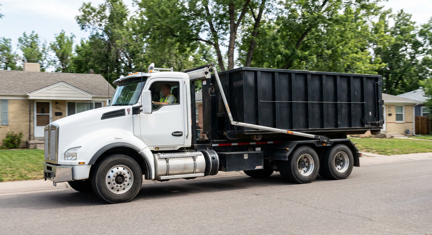 A wide documentary shot of a matte-black roll-off delivery truck pulling onto a quiet Athens residential street at mid-morning, with neighborhood rooftops and tree-lined blocks visible behind, showing the metro coverage footprint.