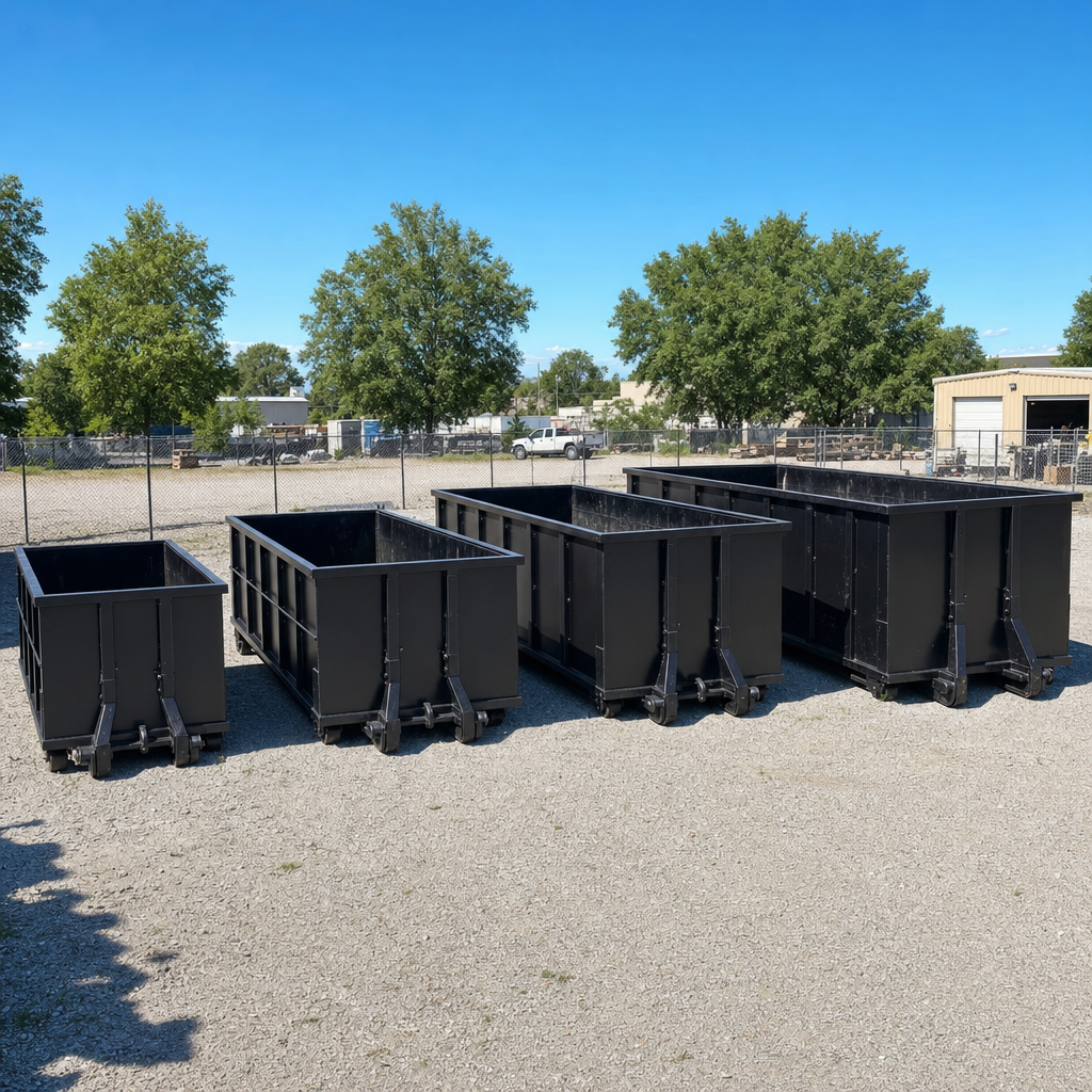 A clean lineup of matte-black roll-off dumpsters in 10, 20, 30, and 40-yard sizes staged on a sunlit gravel yard in Athens, showing the size progression from compact to commercial-scale containers.