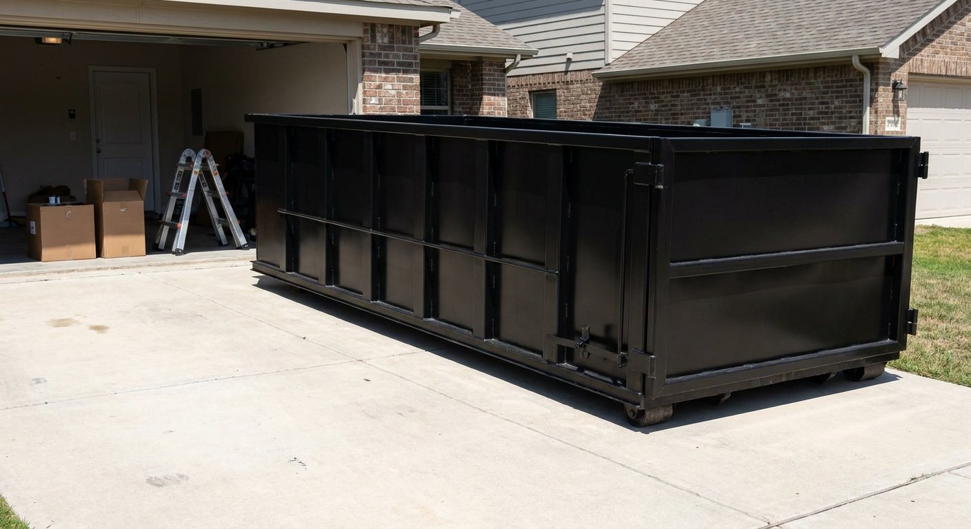A matte-black 10-yard roll-off dumpster sitting directly on a residential Athens concrete driveway, mid-day sunlight, clean and ready for a garage cleanout.