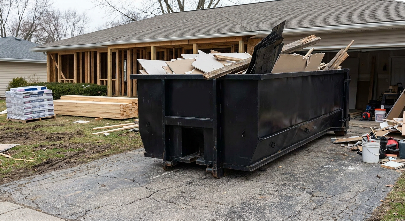 A matte-black 20-yard roll-off dumpster placed alongside a mid-renovation Athens home directly on the asphalt driveway, with framing materials and torn-off shingles staged neatly nearby.