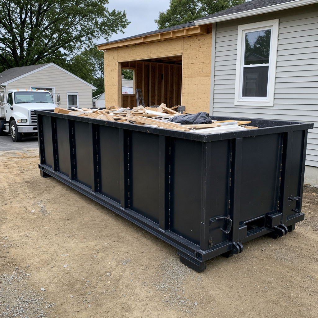 A matte-black 30-yard roll-off dumpster positioned at a Athens residential addition jobsite, with framing lumber and drywall scraps loaded through the open swinging rear doors.
