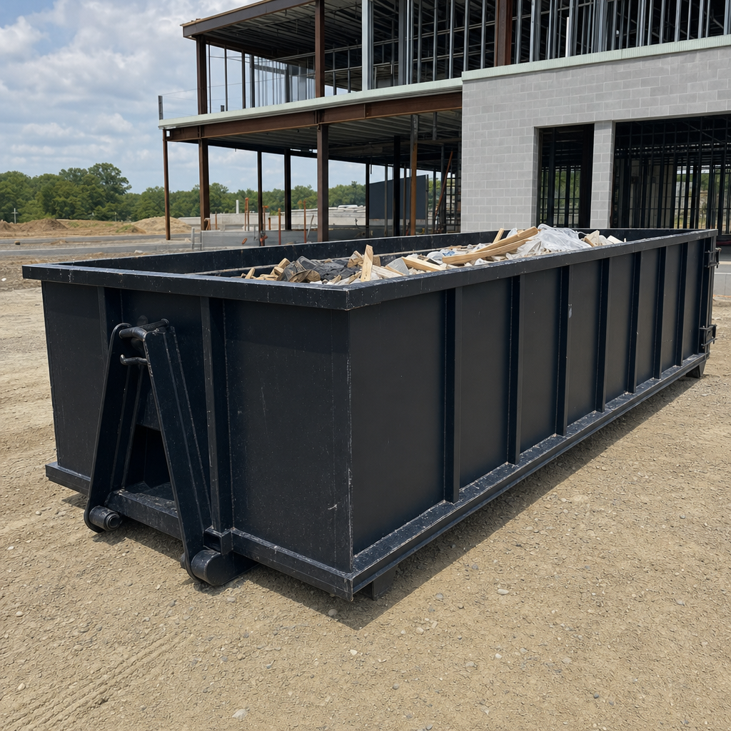 A matte-black 40-yard roll-off dumpster staged on a large Athens commercial construction lot, with a hooklift delivery truck parked alongside under bright midday sky.