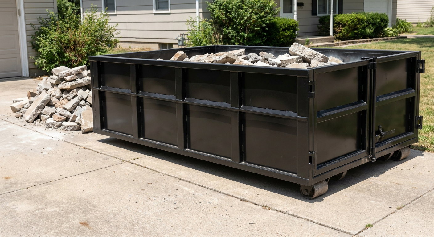 A matte-black low-side heavy-debris roll-off dumpster placed directly on a Athens concrete driveway, with broken concrete chunks neatly stacked beside it under clean daylight.